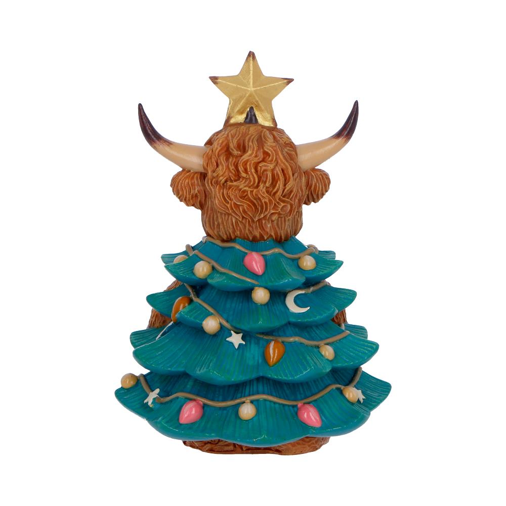 Winter Highland Cow Christmas Tree Figurine - Rear showing cow fringe and layered tree