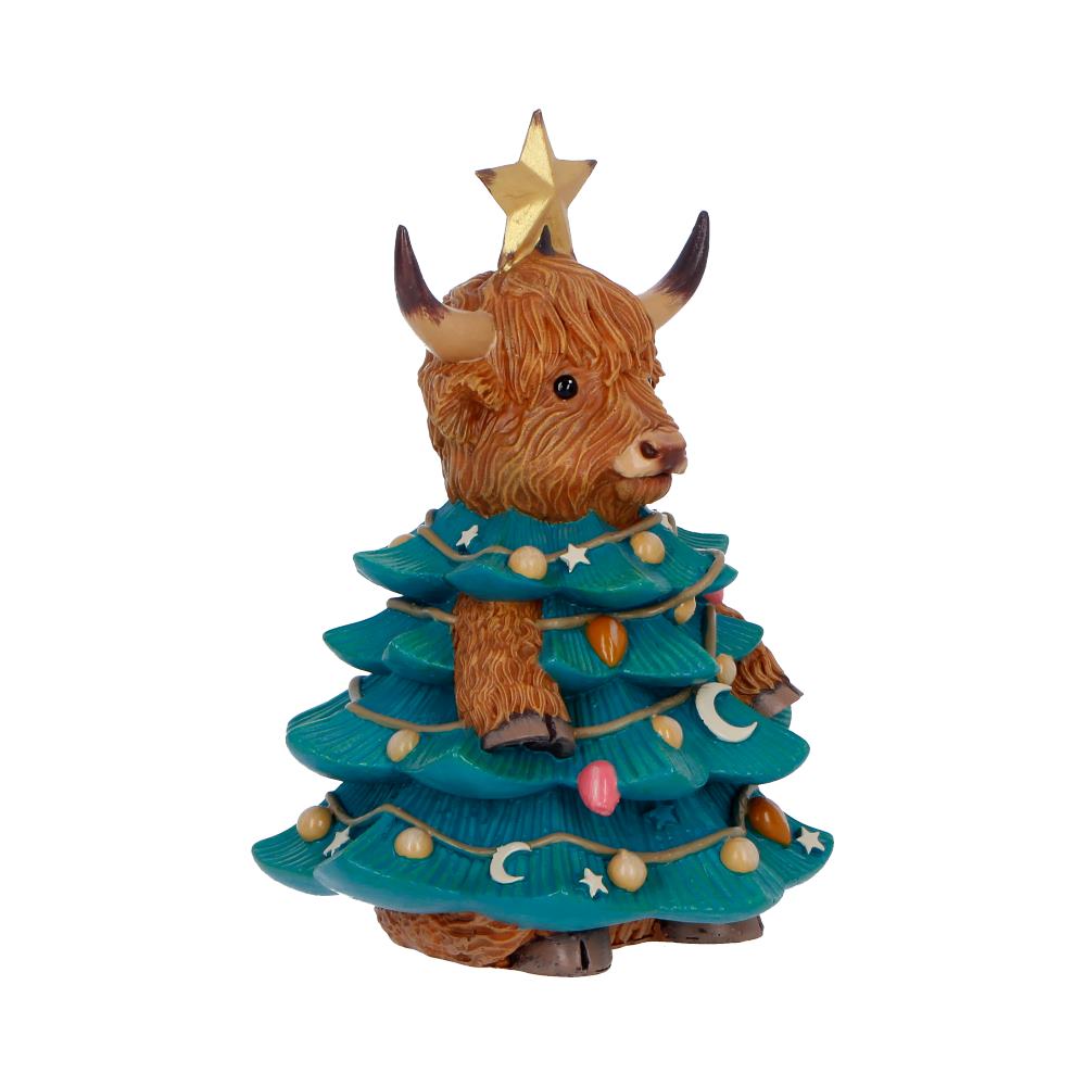 Winter Highland Cow Christmas Tree Figurine - Opposite side with baubles, stars and moons