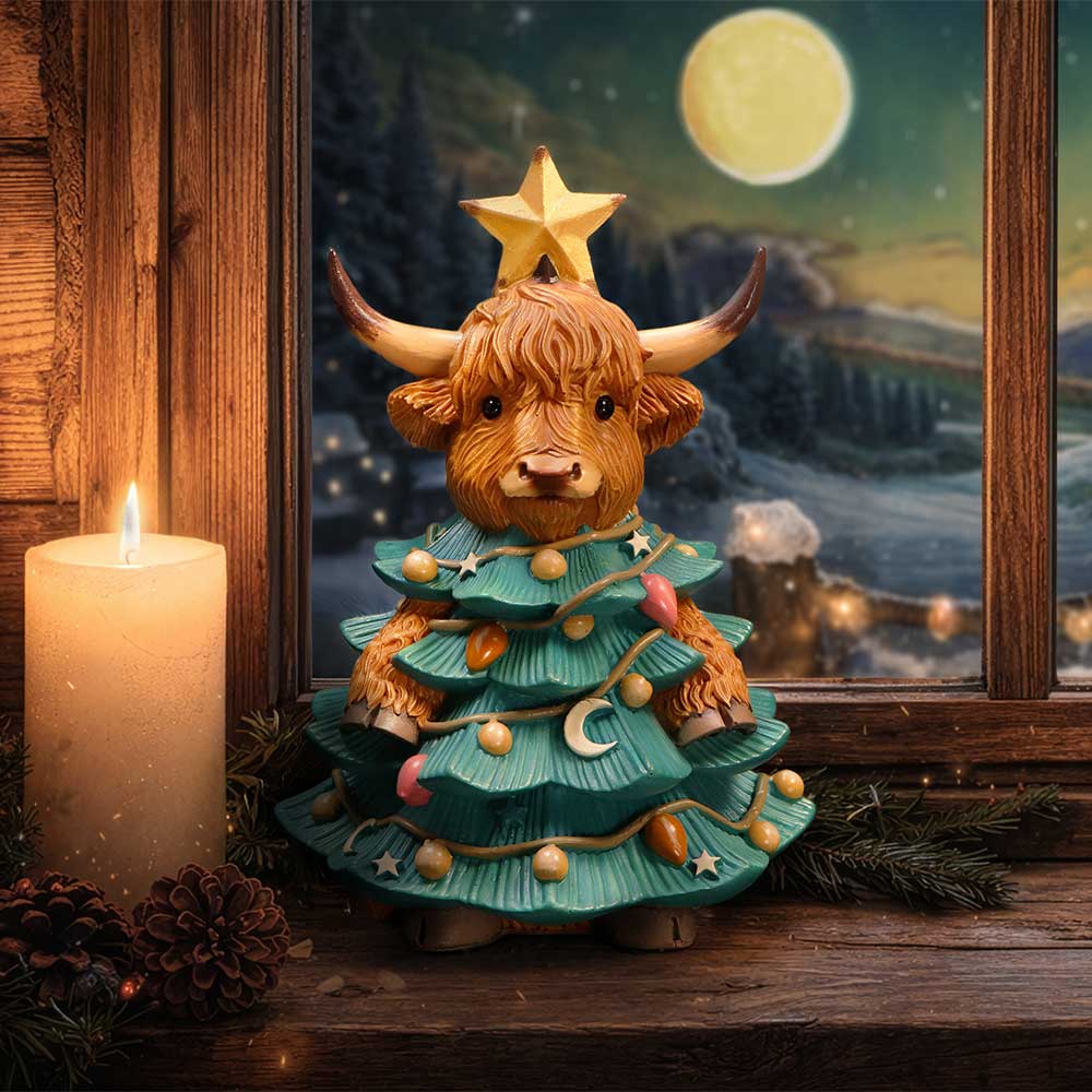 Winter Highland Cow Christmas Tree Figurine - Tree-costumed cow in a styled Christmas setting