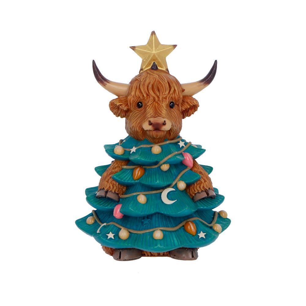 Winter Highland Cow Christmas Tree Figurine - Front showing cow head above decorated tree costume