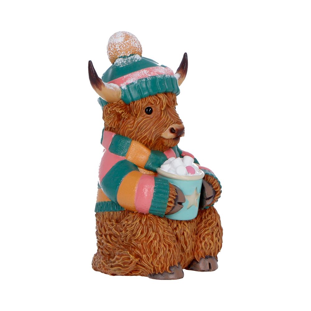 Winter Highland Cow Hot Cocoa Figurine - Rear showing hat, jumper and shaggy coat
