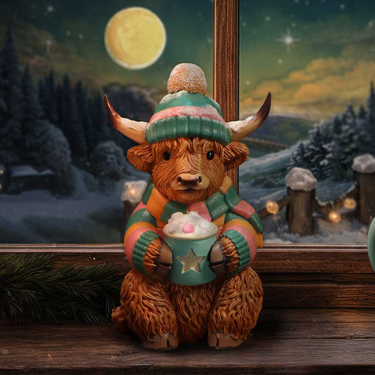 Winter Highland Cow Hot Cocoa Figurine - Cocoa cow in a styled winter display