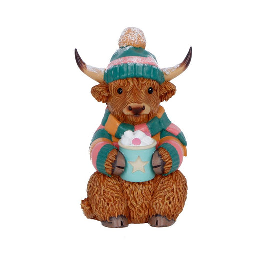 Winter Highland Cow Hot Cocoa Figurine - Front showing seated cow holding marshmallow cocoa