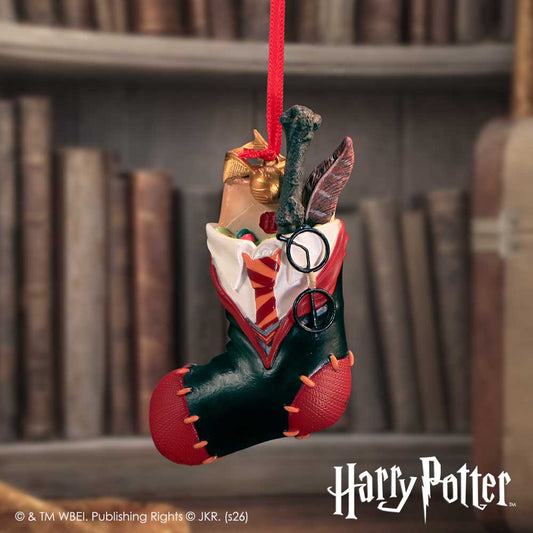 Harry Potter Uniform Stocking Hanging Ornament - Harry stocking in a styled wizarding display