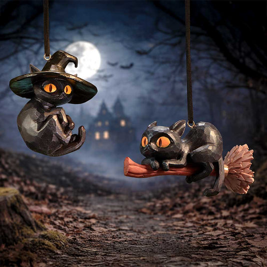 Curse and Claw set of two Nemesis Now black cat hanging ornaments with unique poses and black ribbons from the Whisper Wood collection