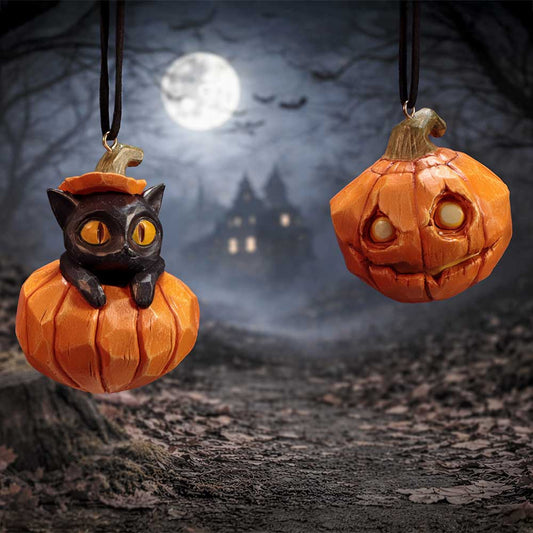 Pumpkin and Patch set of two Nemesis Now Halloween pumpkin hanging ornaments with hand-painted orange and dark seasonal detailing