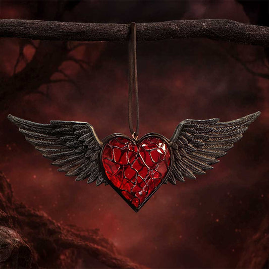 Black Winged Heart gothic hanging ornament by Nemesis Now with glass-like red heart, black vein detail and sculpted dark wings