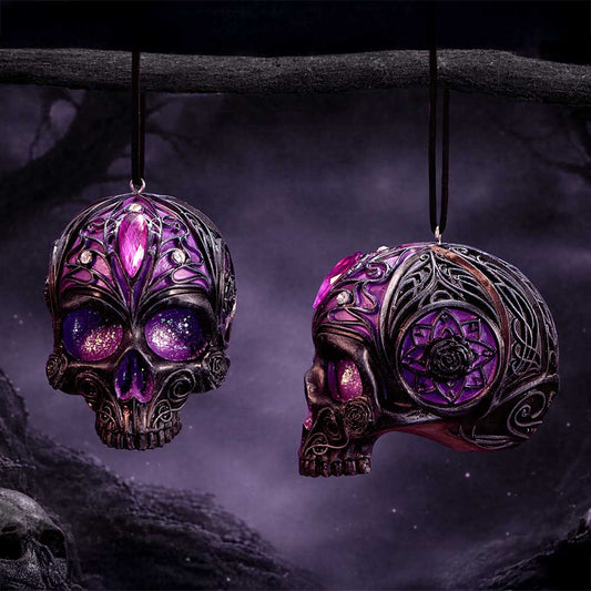 Jewelled Fate black gothic skull hanging ornament by Nemesis Now with violet forehead gemstone, purple shimmer and sculpted floral cheekbone detail