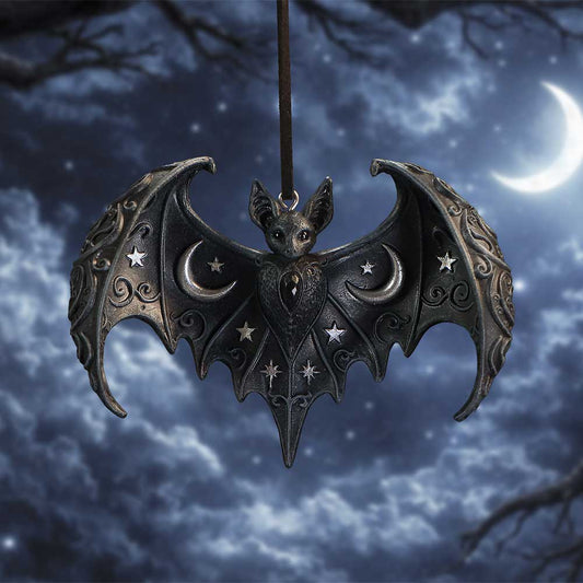 Lunar Wing gothic black bat hanging ornament by Nemesis Now with spread floral wings, silver crescent moons and star detailing