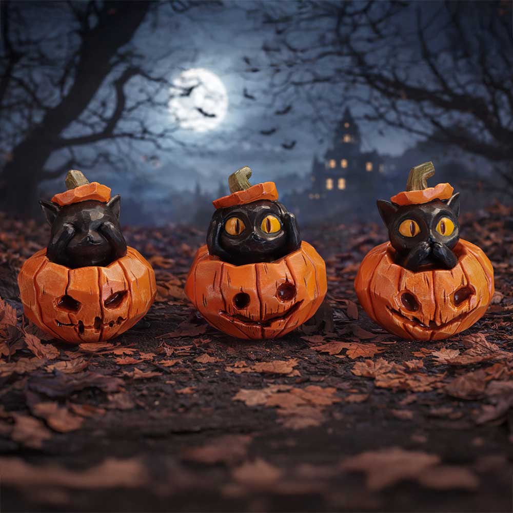 Three Wise Pumpkin Patch Halloween figurine set with three black cats in orange carved pumpkins posing See No Evil, Hear No Evil and Speak No Evil