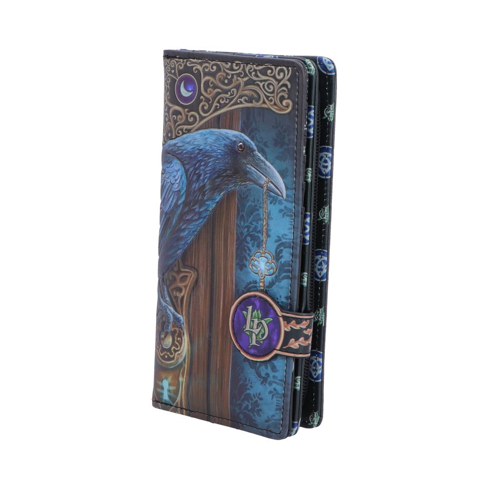 Lisa Parker Loki Raven Embossed Purse - Angle of raven artwork and press-stud fastening