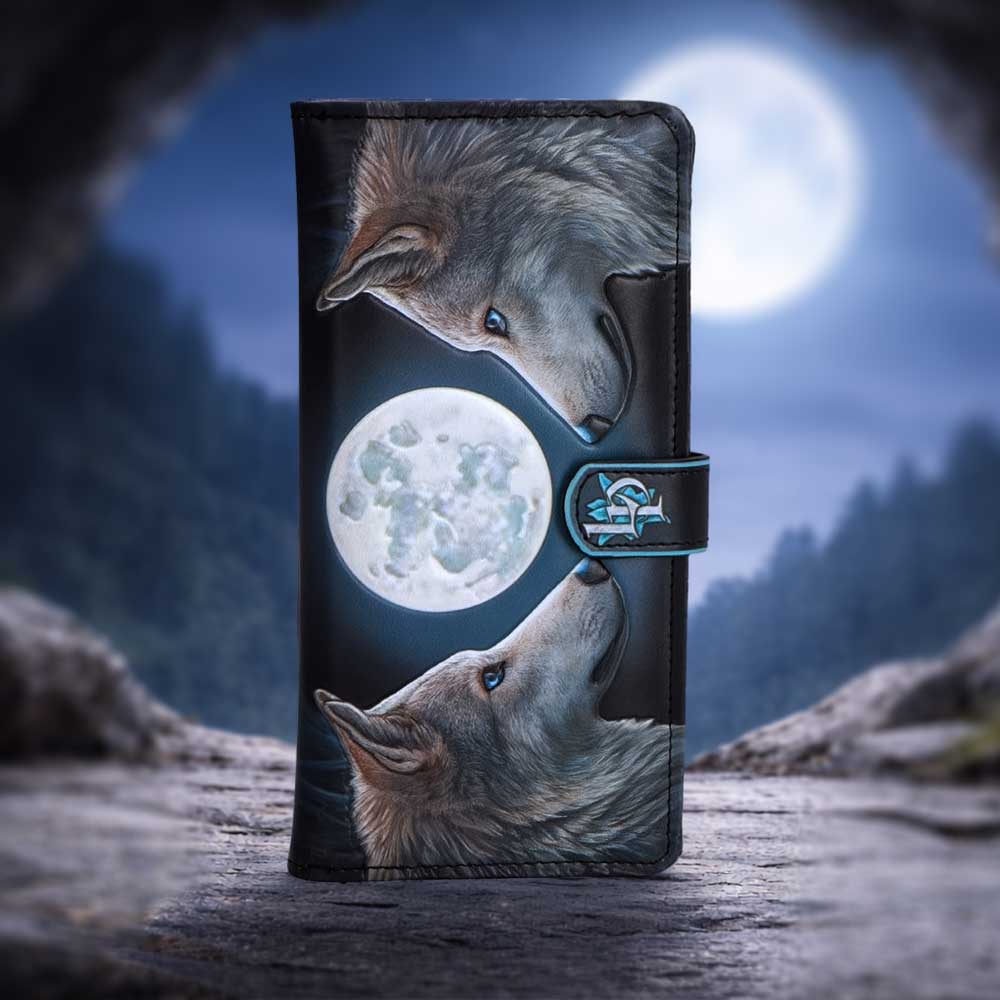 Lisa Parker Lunar Gaze Embossed Purse - Lunar Gaze wolf purse in a styled display