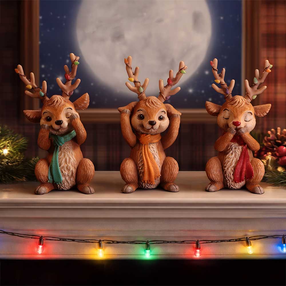 Three Wise Reindeer figurine set with three hand-painted brown reindeer in See No Evil, Hear No Evil and Speak No Evil poses, wearing coloured scarves and Christmas-light antlers