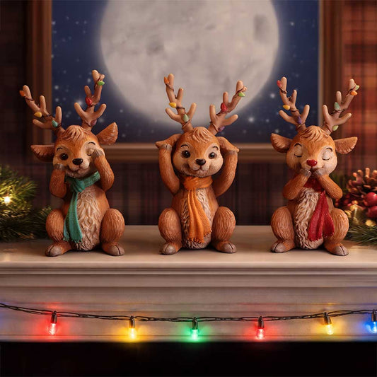Three Wise Reindeer figurine set with three hand-painted brown reindeer in See No Evil, Hear No Evil and Speak No Evil poses, wearing coloured scarves and Christmas-light antlers