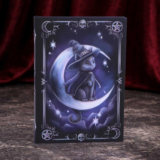 Purrah Cult Cuties A5 gothic cat journal by Nemesis Now featuring witch cat Purrah seated inside a glowing crescent moon beneath a star-filled night sky