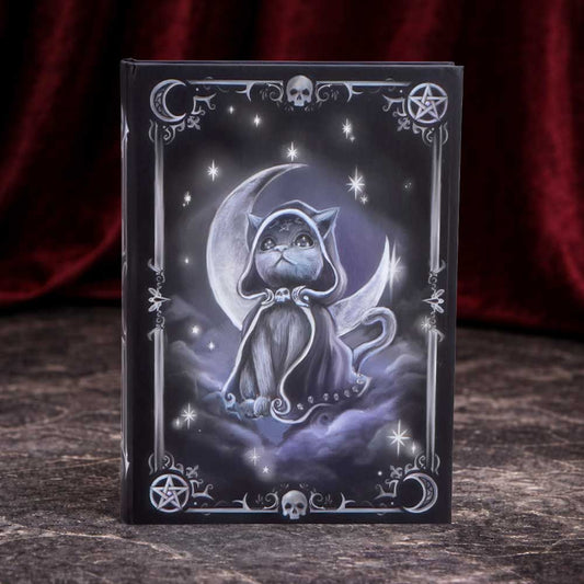 Zefur Cult Cuties A5 gothic journal by Nemesis Now featuring a black cat with scythe beneath a crescent moon and star-filled night sky