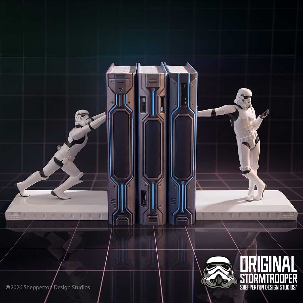 Original Stormtrooper Working Hard Bookends - Stormtrooper bookends holding a row of books