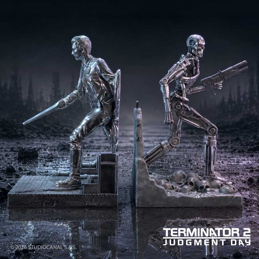 Terminator T-1000 vs T-800 Bookends - Terminator bookends displayed in a ruined city scene
