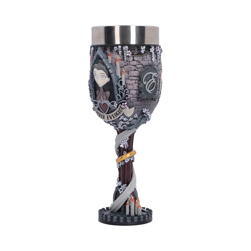 Corpse Bride Victoria Goblet - angled view of portrait and ring-shaped stem detail