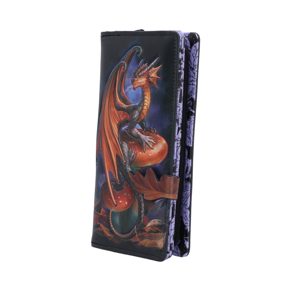 Anne Stokes Mushroom Dragon Embossed Purse - angled view of dragon purse and leaf fastening