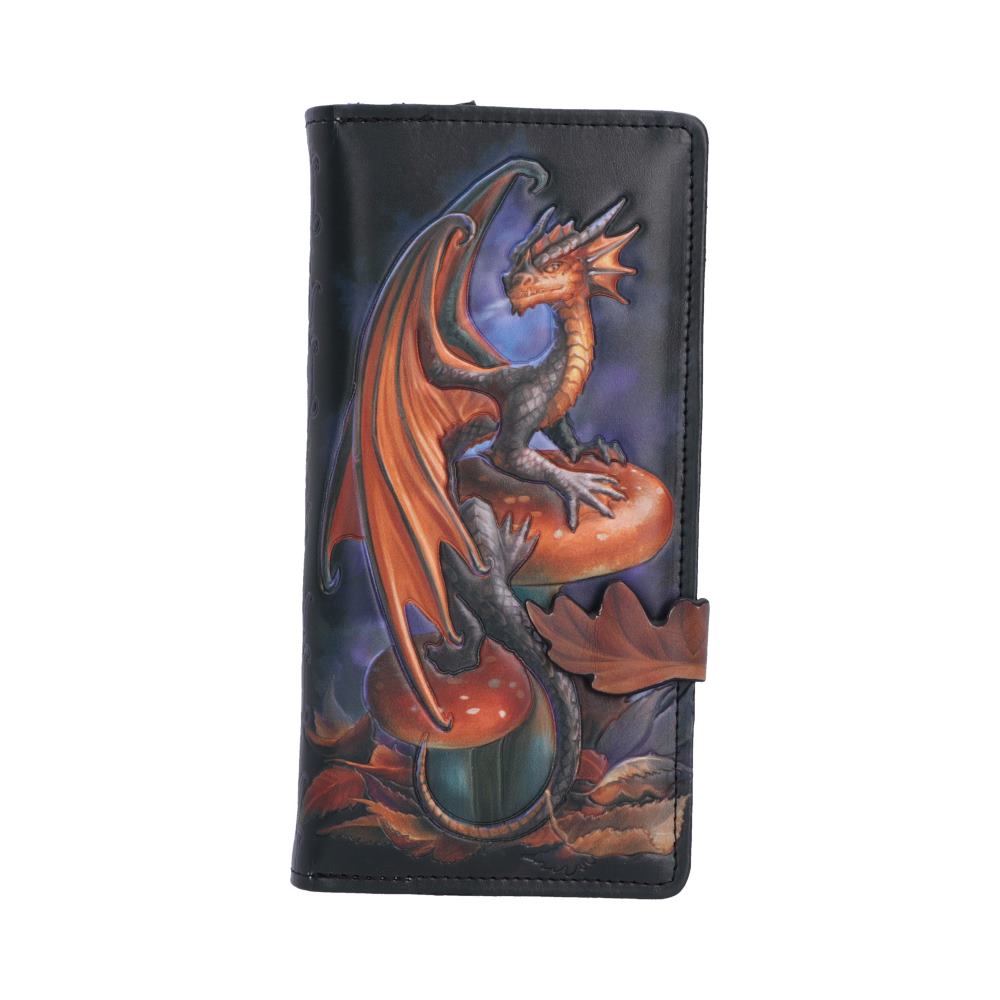 Anne Stokes Mushroom Dragon Embossed Purse - orange-winged dragon artwork on dark purse