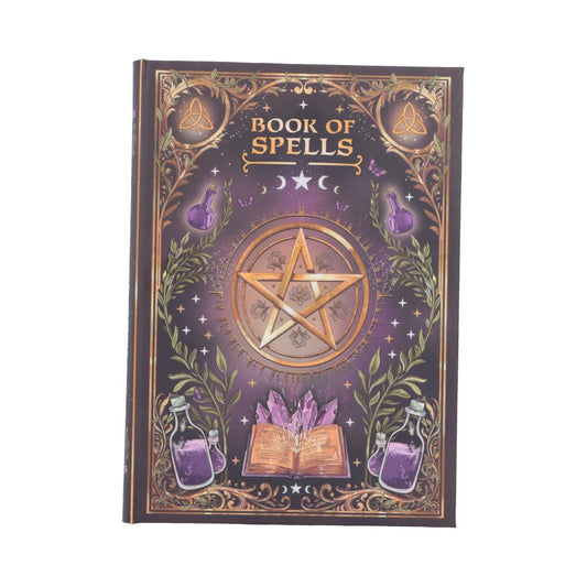 Book of Spells Journal - pentagram and potion bottles on spell-book cover