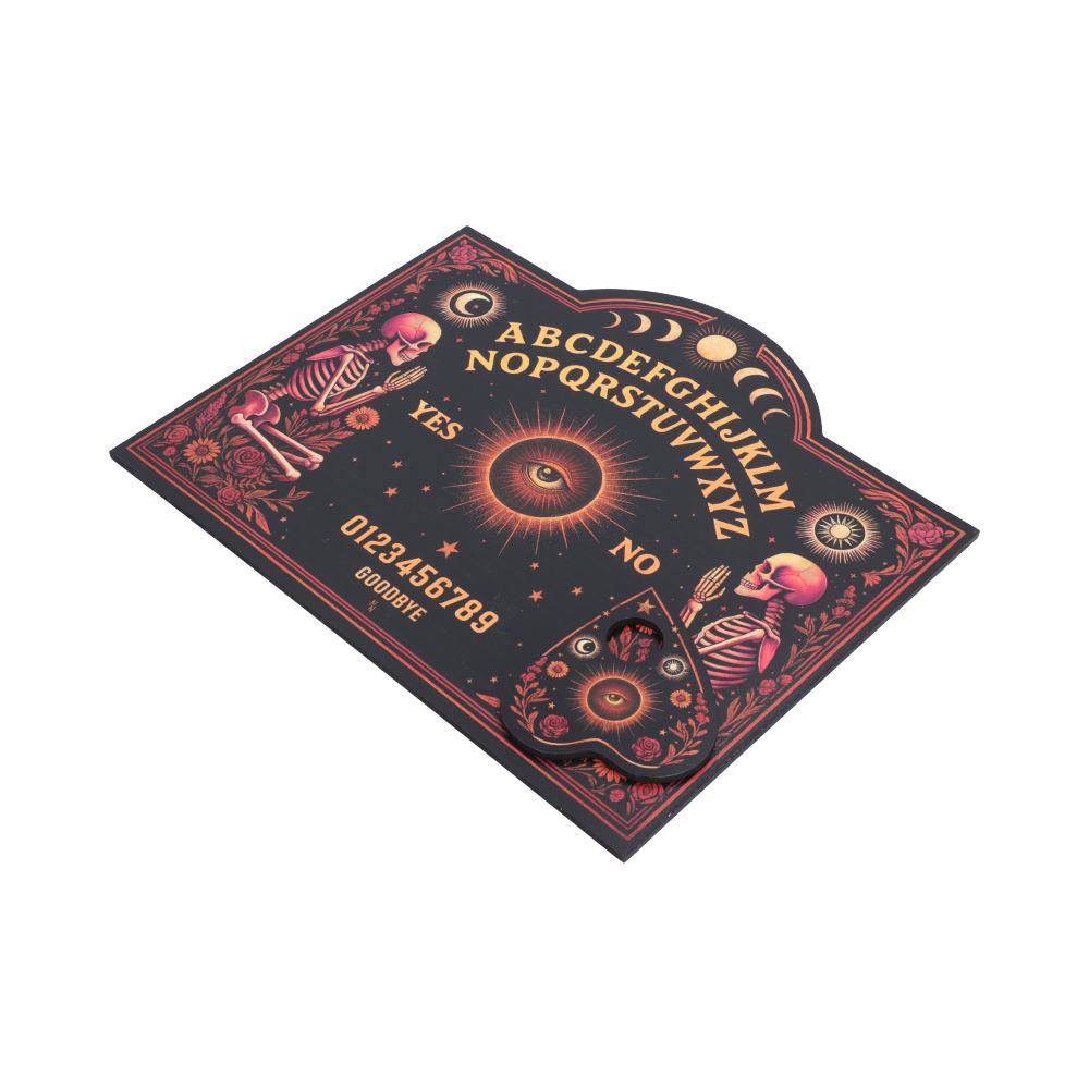 Spirit Board Bloom with Planchette - angled view of board and planchette
