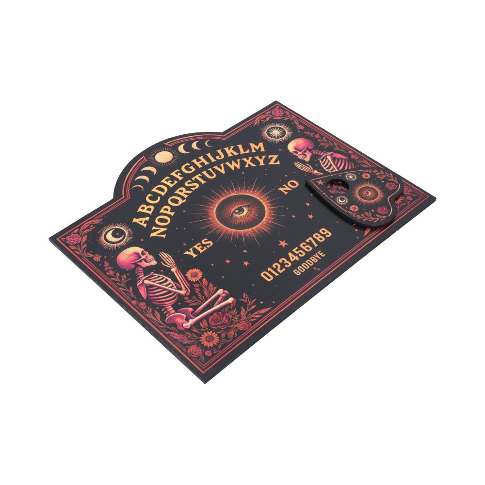 Spirit Board Bloom with Planchette - low angled view of skeletons and lettering