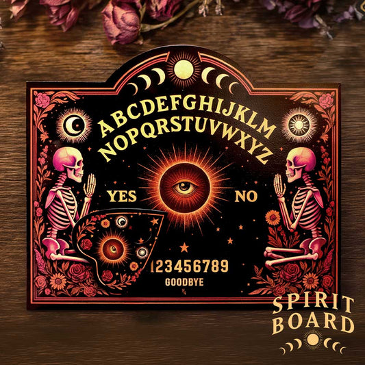 Spirit Board Bloom with Planchette - board displayed on wood with planchette