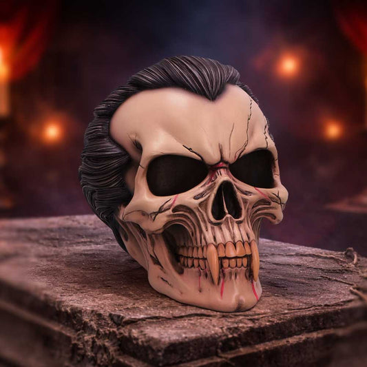 The Lord of the Night Hall of Horrors vampire skull by Nemesis Now with slicked-back black hair, sharp fangs and blood-effect mouth detail