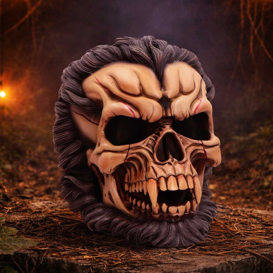 The Beast of the Moon Hall of Horrors werewolf skull by Nemesis Now with dark sculpted fur, exposed bone and sharp teeth