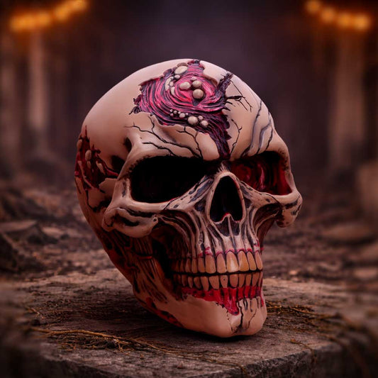 The Walker of Death Hall of Horrors zombie skull by Nemesis Now with rotting flesh, exposed bone, sculpted wounds and blood-effect detailing