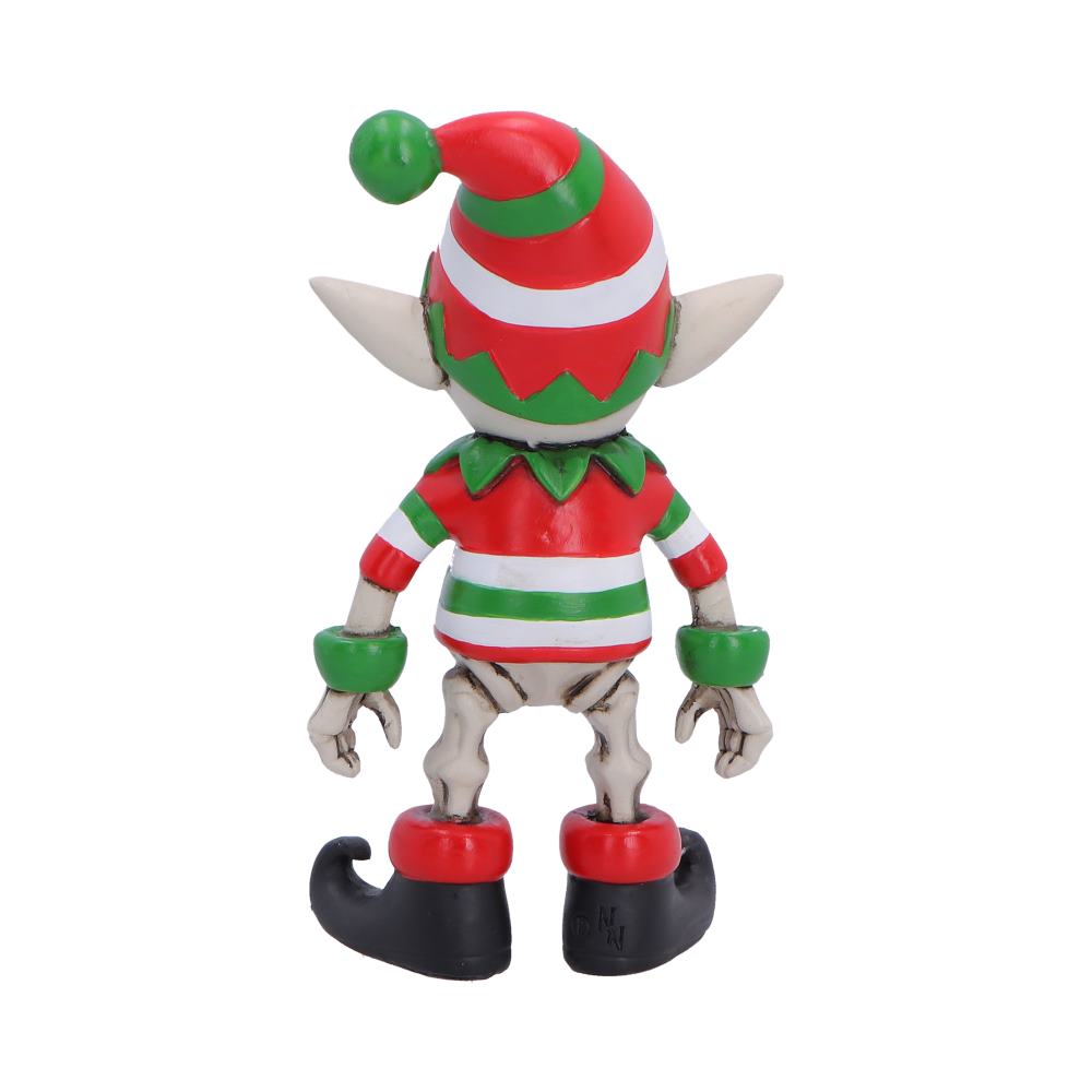 Silent Nightmares Jingles Skeleton Elf Figurine - Rear of striped elf clothing and green collar