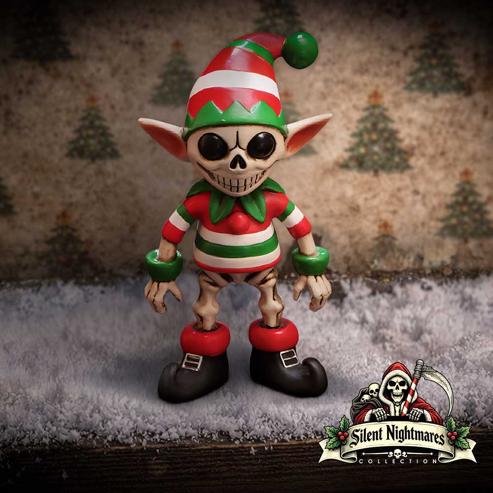 Silent Nightmares Jingles Skeleton Elf Figurine - Skeleton elf in a styled Silent Nightmares setting