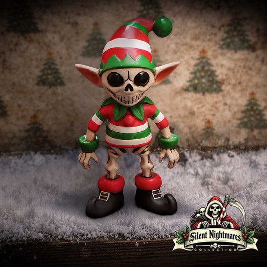 Silent Nightmares Jingles Skeleton Elf Figurine - Skeleton elf in a styled Silent Nightmares setting