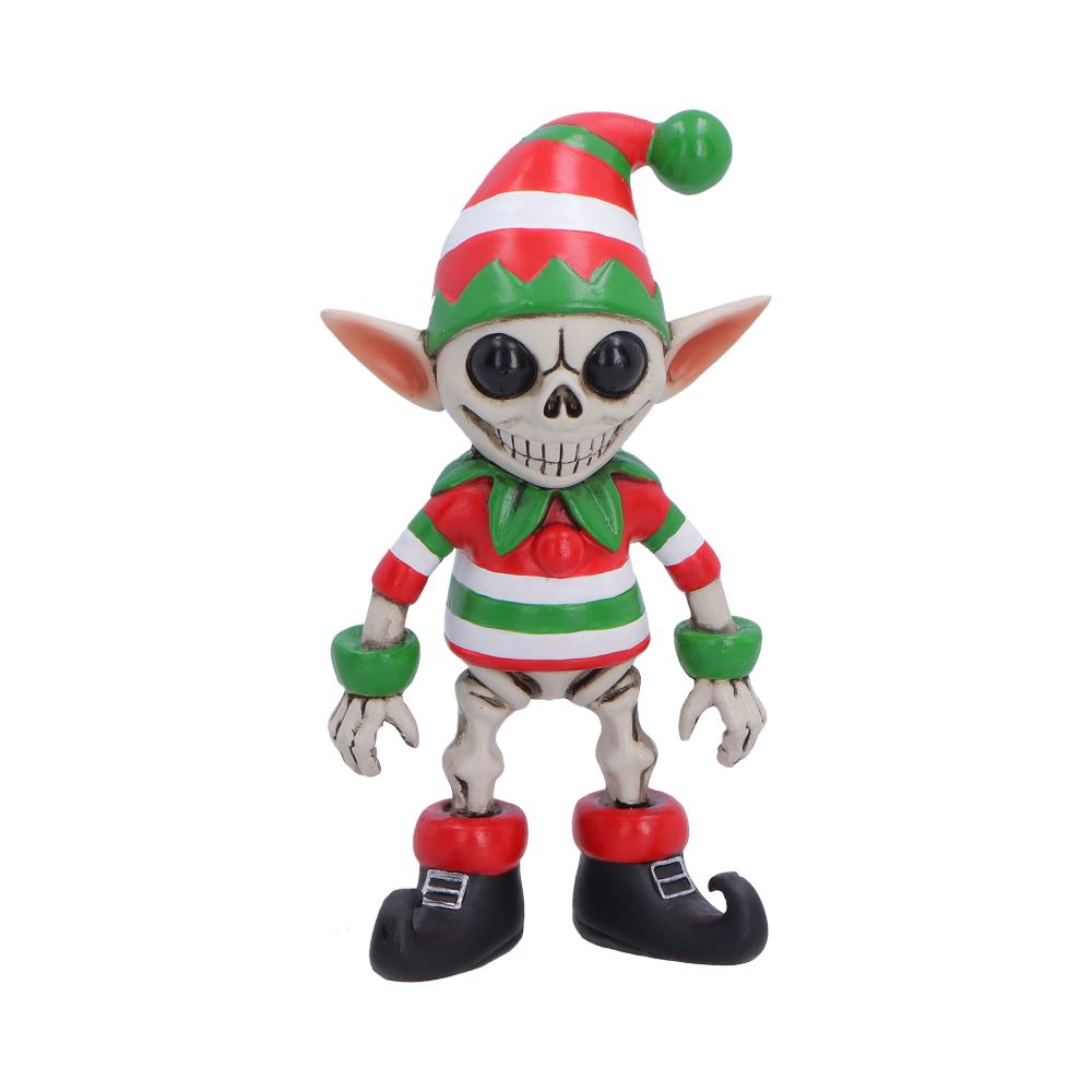 Silent Nightmares Jingles Skeleton Elf Figurine - Front showing skeletal elf in festive stripes