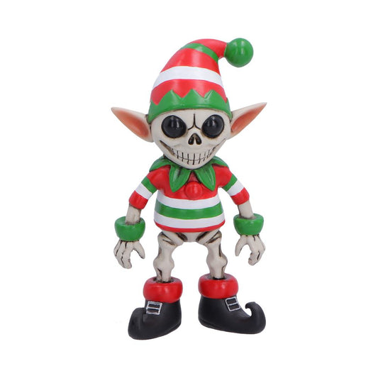 Silent Nightmares Jingles Skeleton Elf Figurine - Front showing skeletal elf in festive stripes