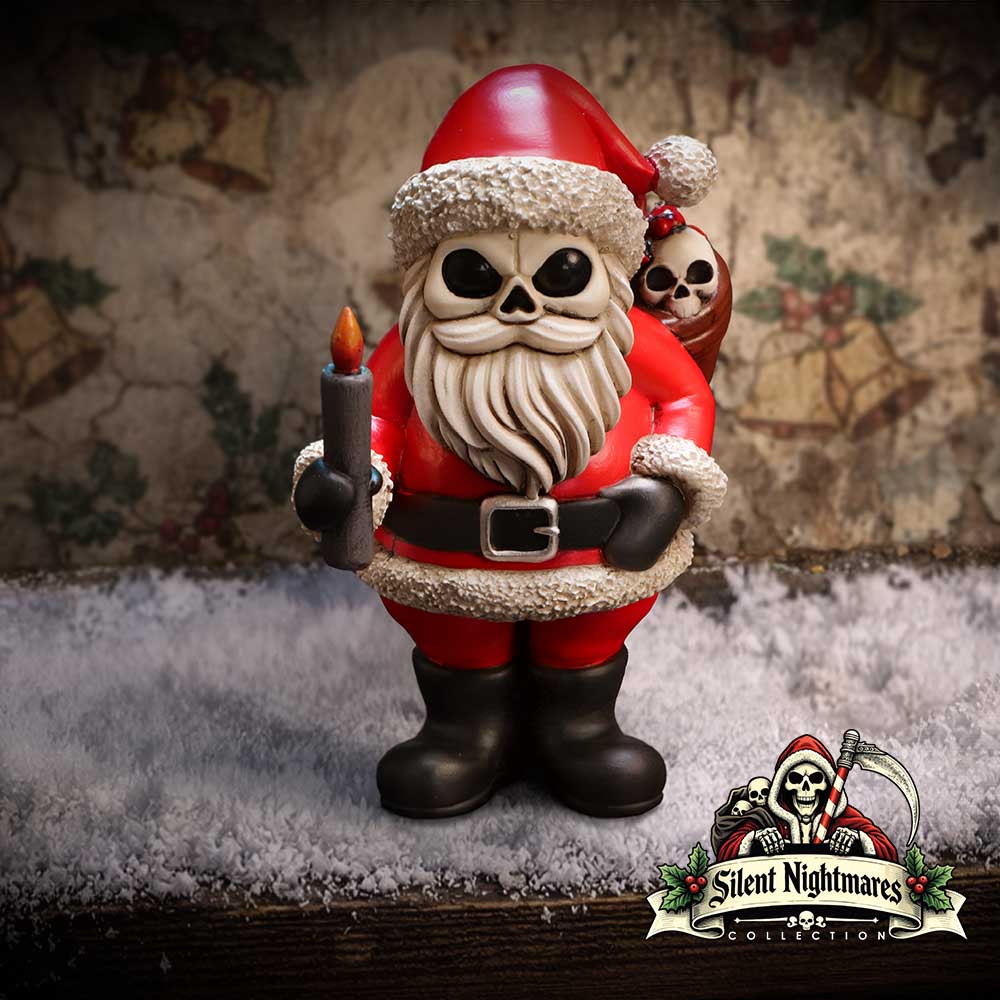 Silent Nightmares Noel Skeleton Santa - Skeleton Santa in a styled Christmas display