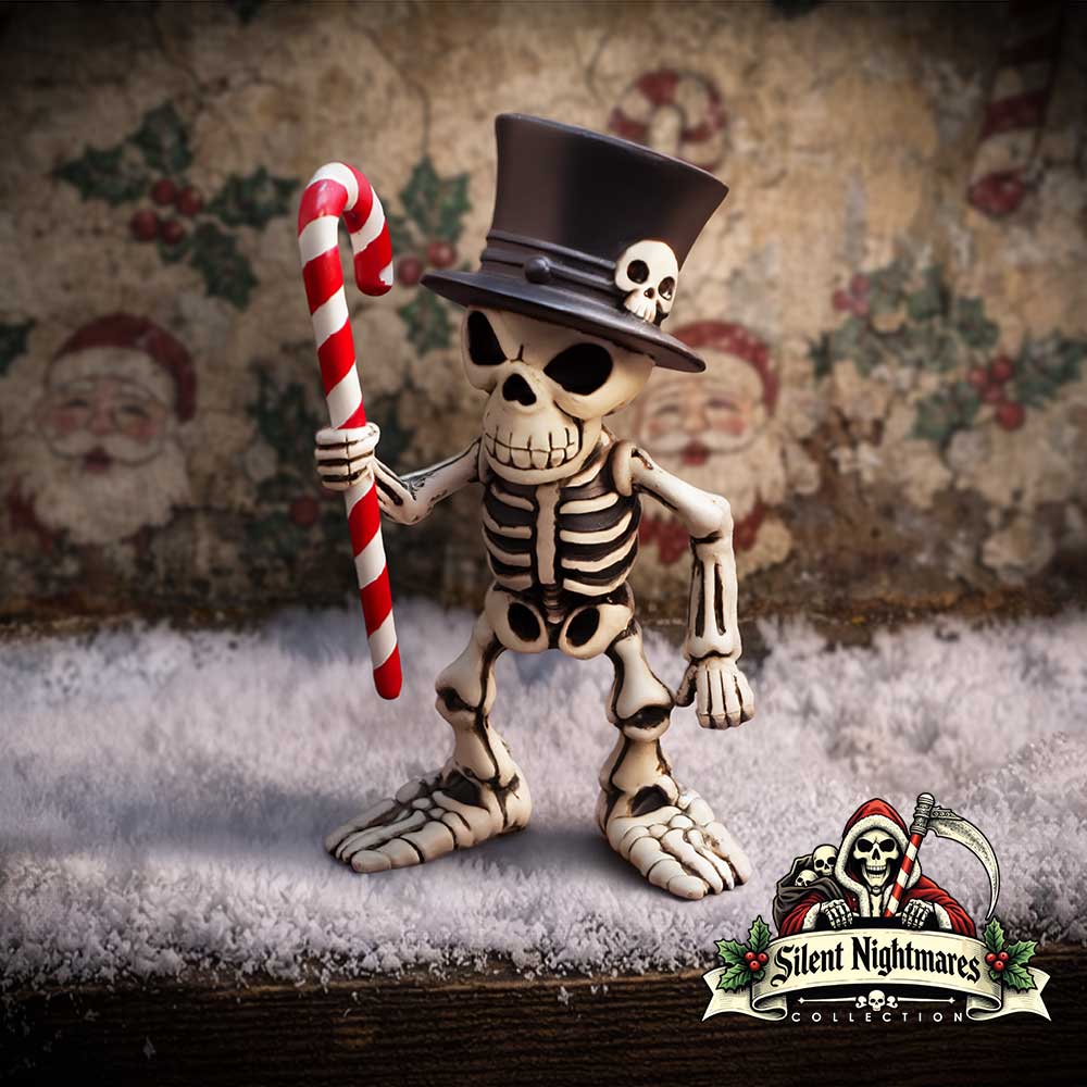Silent Nightmares Candyman Skeleton Figurine - Top-hatted skeleton in a styled festive setting
