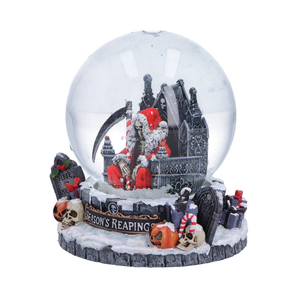 Silent Nightmares Season’s Reapings Snow Globe - Angle of candy-cane scythe and graveyard base