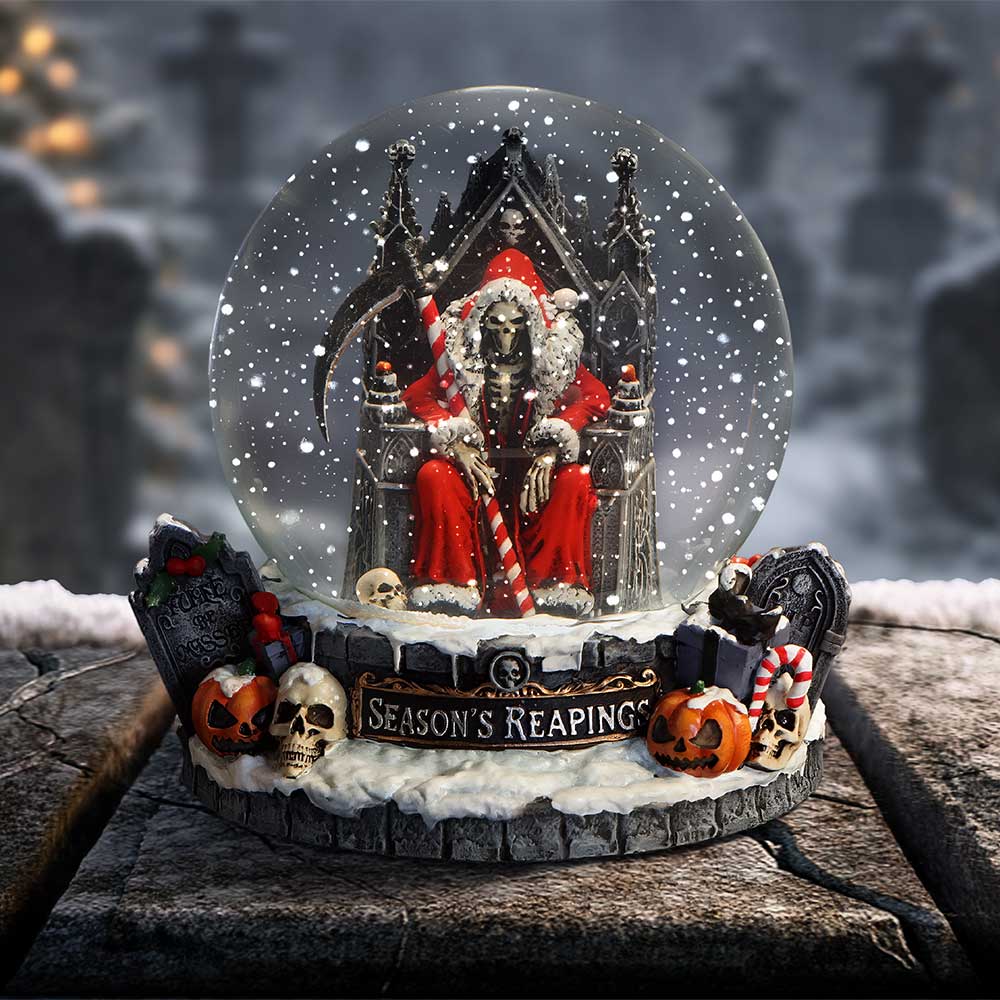 Silent Nightmares Season’s Reapings Snow Globe - Reaper snow globe in a styled festive display