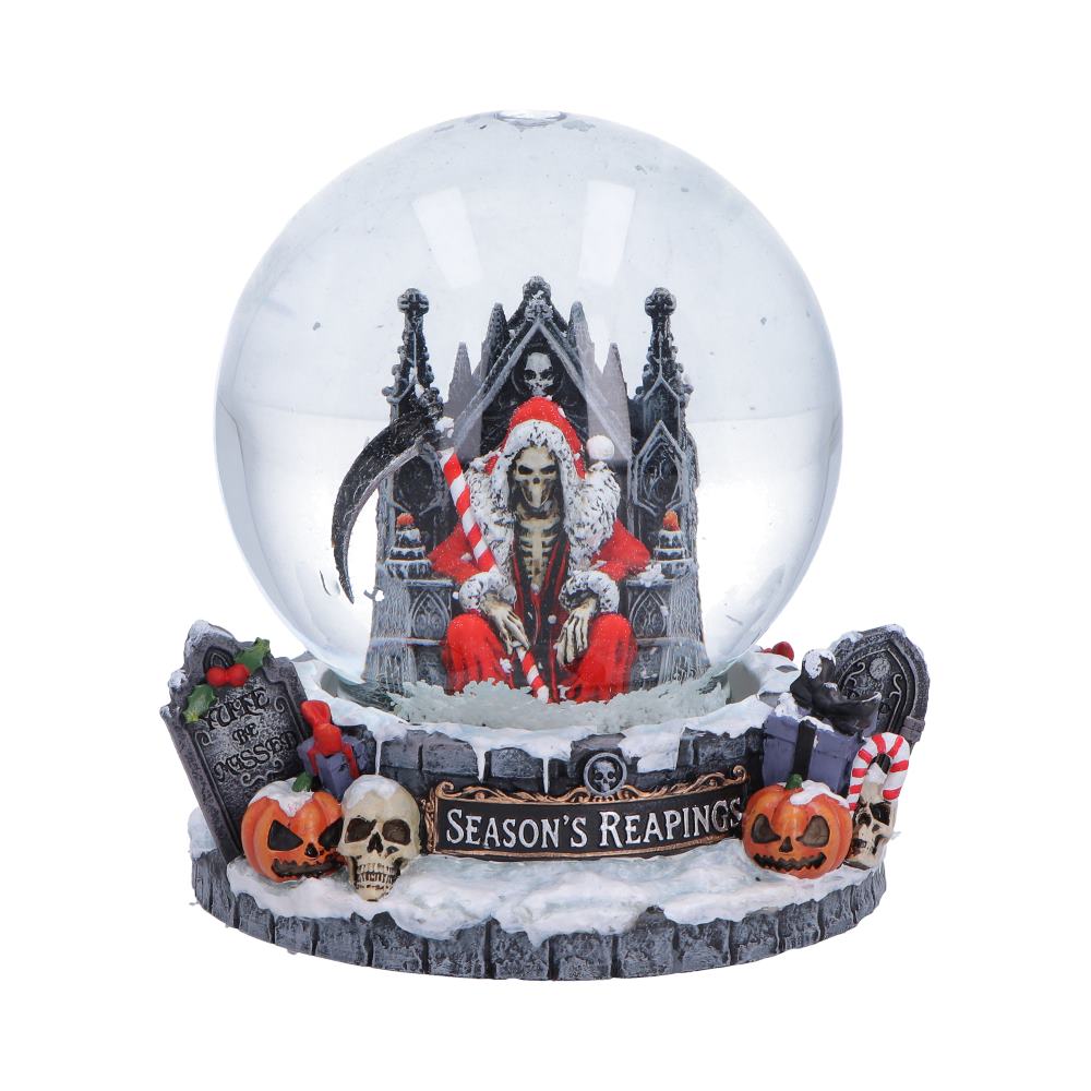 Silent Nightmares Season’s Reapings Snow Globe - Front showing Santa reaper on throne inside globe