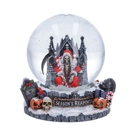 Silent Nightmares Season’s Reapings Snow Globe - Front showing Santa reaper on throne inside globe