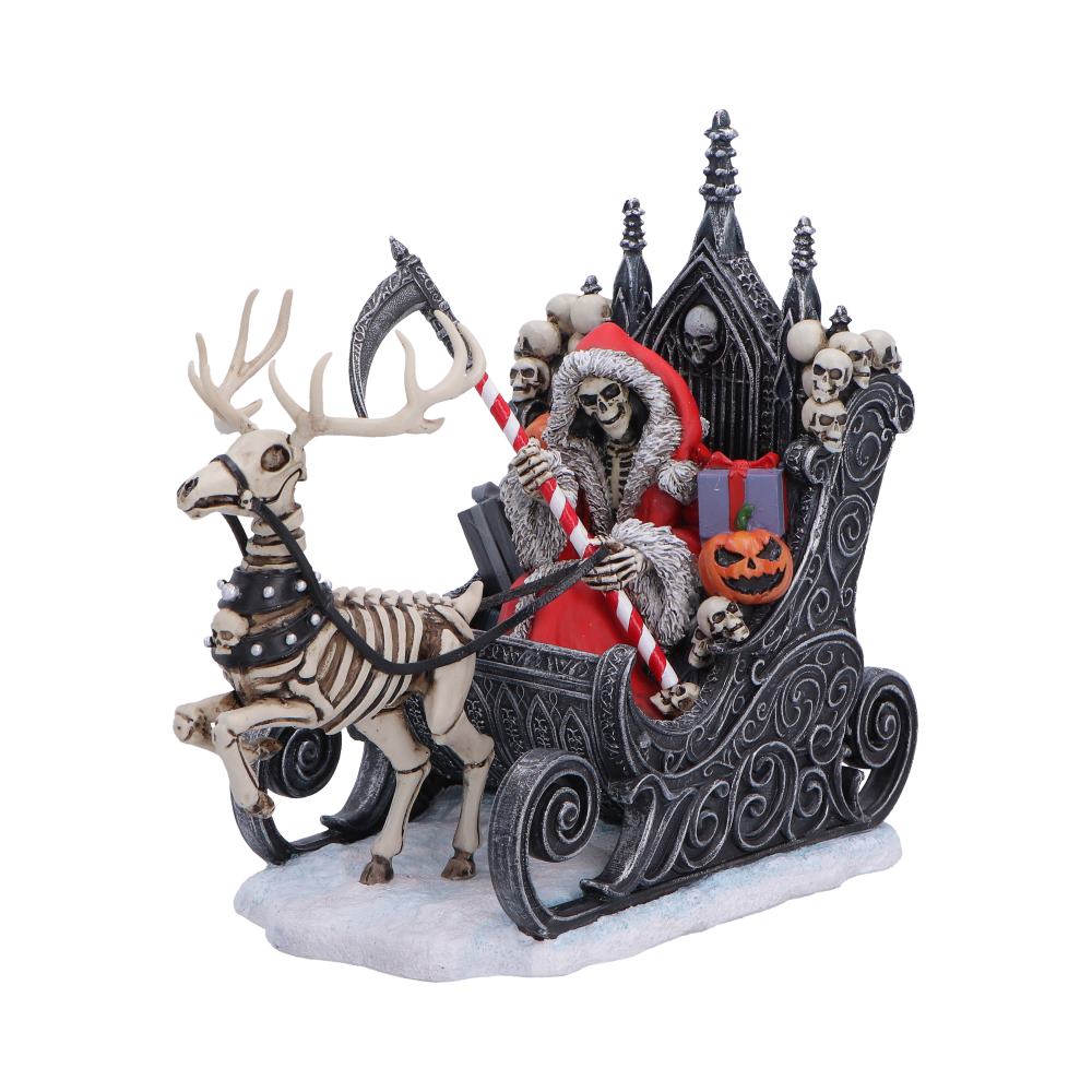 Silent Nightmares Slay Bells Reaper Sleigh - Angle showing skeletal reindeer leading gothic sleigh