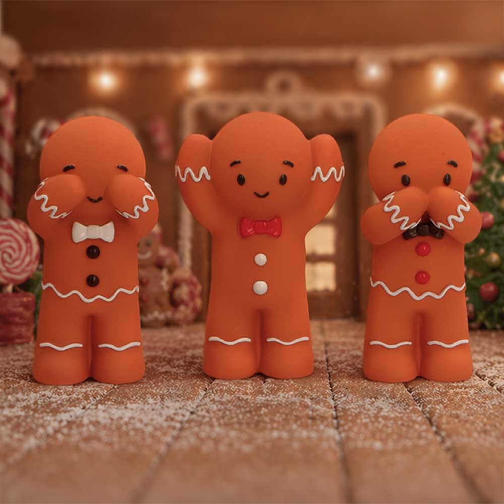 Three Wise Gingerbread figurine set by Nemesis Now with three festive gingerbread characters performing See No Evil, Hear No Evil and Speak No Evil poses