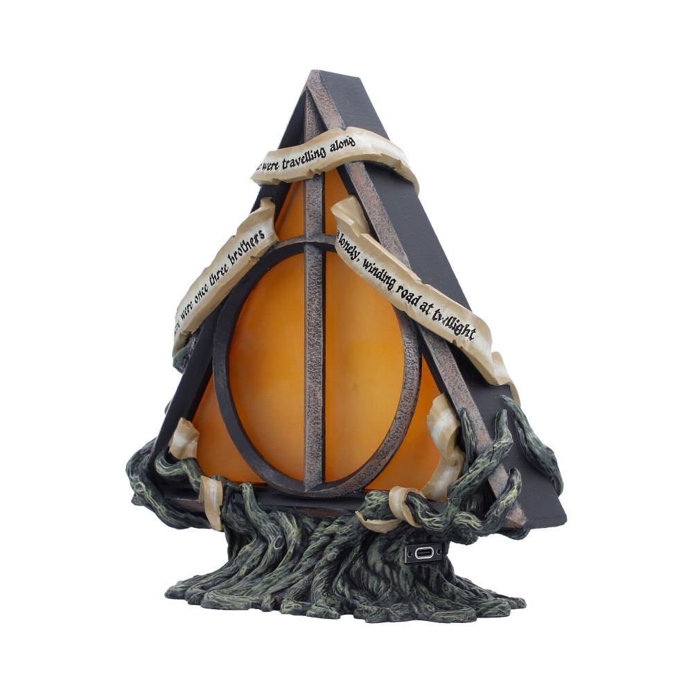 Harry Potter Deathly Hallows Lamp - angled view of triangular lamp and story lettering