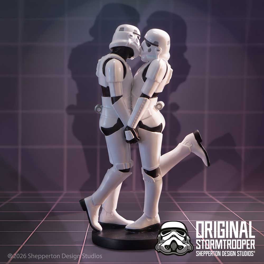 Original Stormtrooper First Kiss Figurine - romantic Stormtrooper pair in a dark display