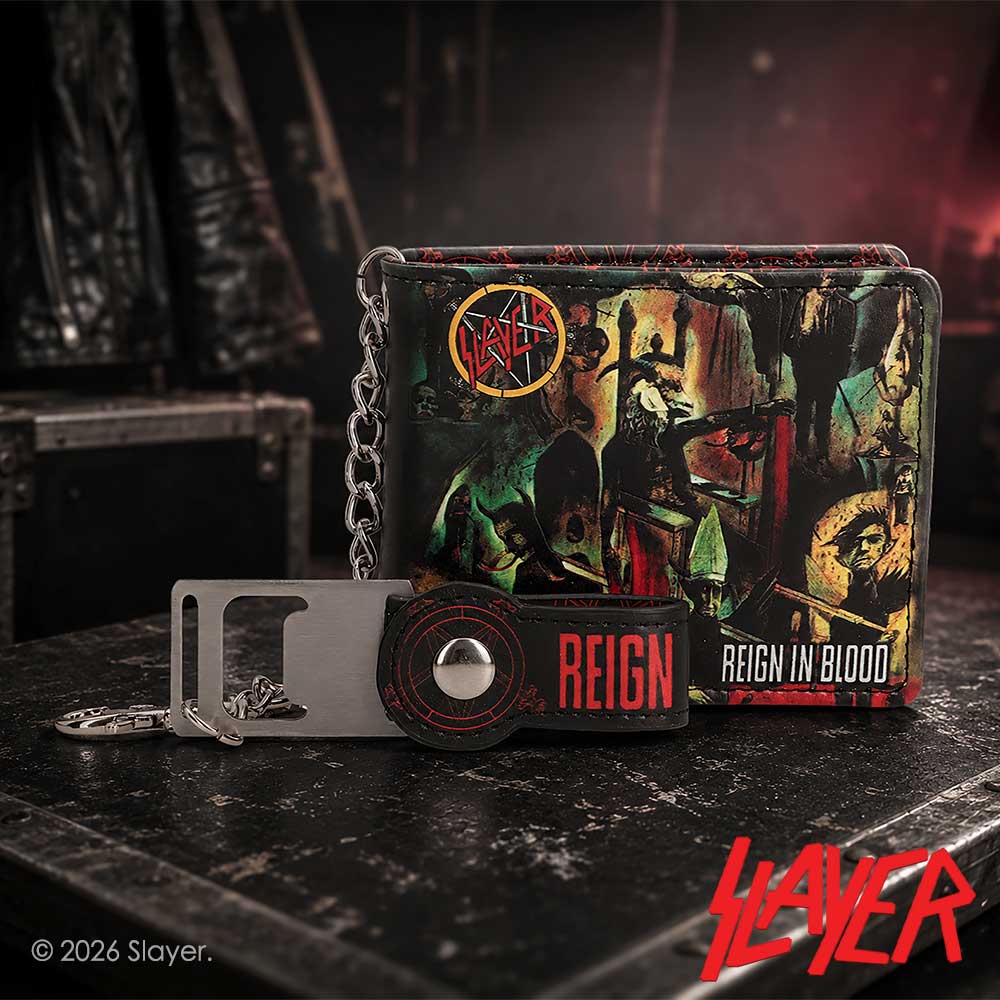 Slayer Reign in Blood Wallet - Slayer wallet displayed on dark wood