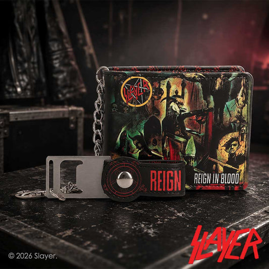 Slayer Reign in Blood Wallet - Slayer wallet displayed on dark wood