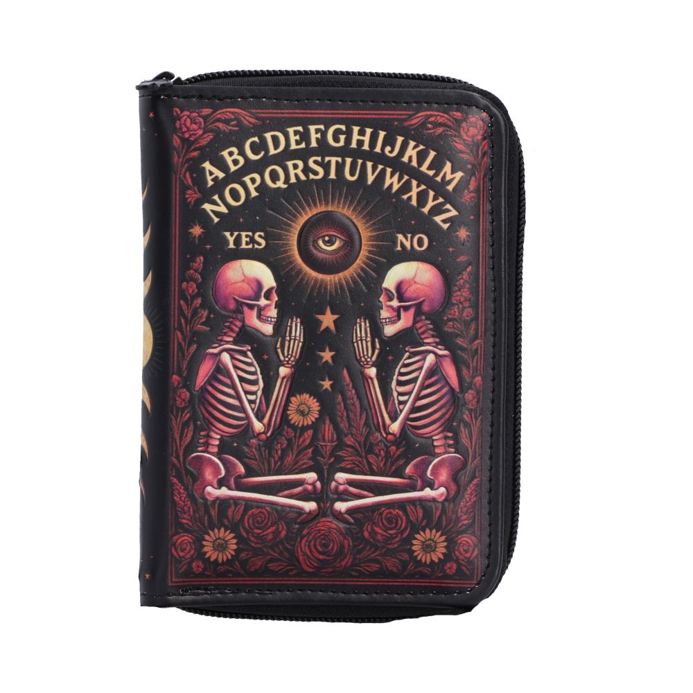 Spirit Board Bloom Embossed Purse - skeletons and roses beneath spirit-board lettering